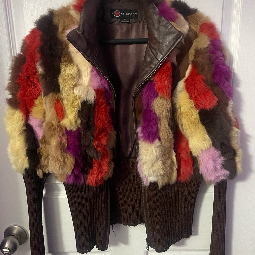 Multicolor Faux Fur Jacket with Brown Ribbed Base